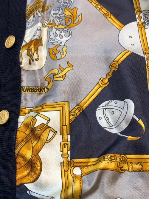 Burberry's（バーバリーズ）Burberry's (バーバリーズ) シルクスカーフ切替カーディガン ネイビー サイズ:Mの古着・服飾アイテム