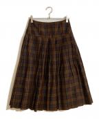 MARGARET HOWELLマーガレットハウエル）の古着「チェックウールリネンプリーツスカート」｜ブラウン