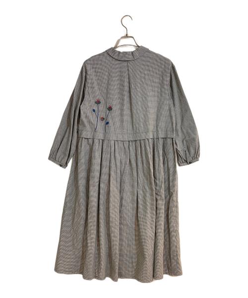 Jocomomola（ホコモモラ）Jocomomola (ホコモモラ) 千鳥チェック フラワー刺繍シャツワンピース グレー サイズ:40の古着・服飾アイテム