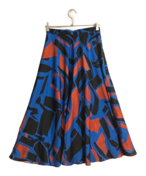 allureville（アルアバイル）allureville (アルアバイル) ブロックキカプリントフレアスカート ブルー サイズ:SIZE2の古着・服飾アイテム