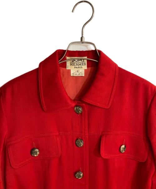 HERMES（エルメス）HERMES (エルメス) トランペットモチーフボタンワンピースコート レッド サイズ:38の古着・服飾アイテム