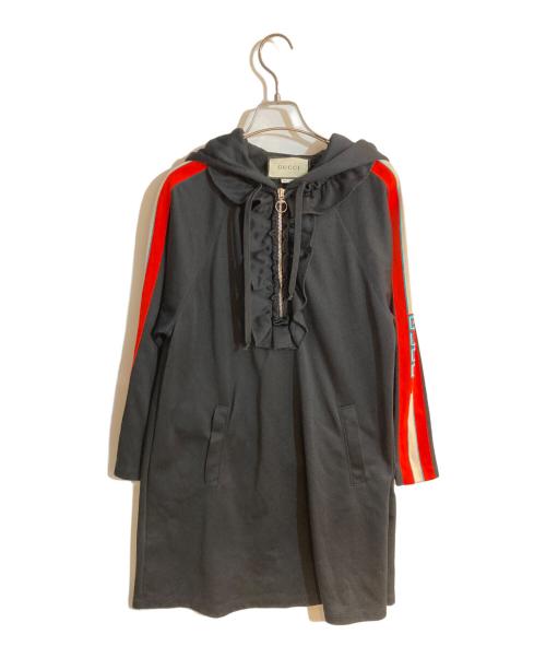 GUCCI（グッチ）GUCCI (グッチ) ロゴアームライン ハーフジップフリル付き フーディー ブラック サイズ:Ｓの古着・服飾アイテム