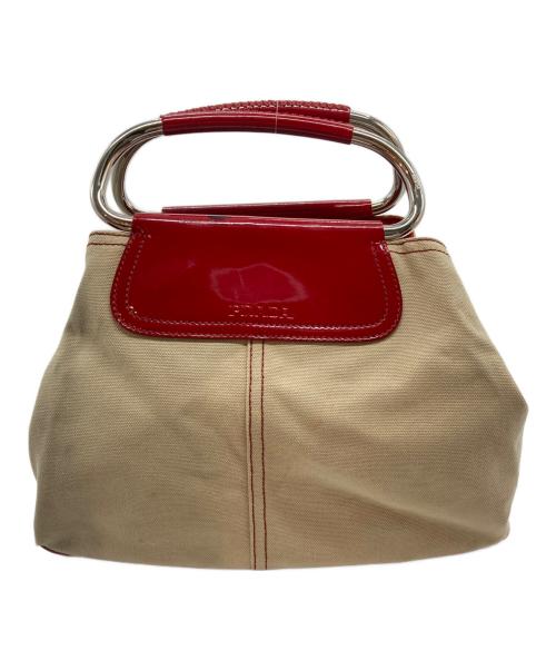 PRADA（プラダ）PRADA (プラダ) BEIGE CANVAS METAL LOOP TOTE BAG レッドの古着・服飾アイテム
