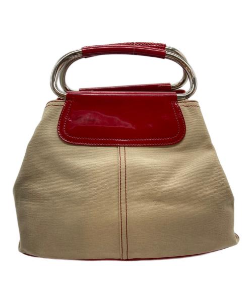 PRADA（プラダ）PRADA (プラダ) BEIGE CANVAS METAL LOOP TOTE BAG レッドの古着・服飾アイテム