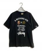 A BATHING APE×stussyアベイシングエイプ×ステューシー）の古着「コラボロゴプリントTシャツ」｜ブラック