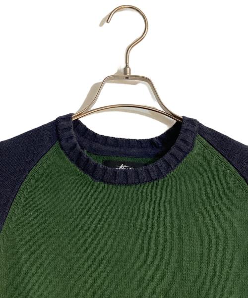 stussy（ステューシー）stussy (ステューシー) COLORBLOCKED RAGLAN KNIT CREW/カラーブロックドラグランニットクルー グリーン サイズ:Sの古着・服飾アイテム