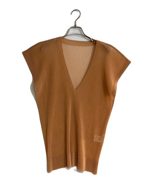 PLEATS PLEASE（プリーツプリーズ）PLEATS PLEASE (プリーツプリーズ) Vネックメッシュトップス Tシャツ ブラウン サイズ:3の古着・服飾アイテム