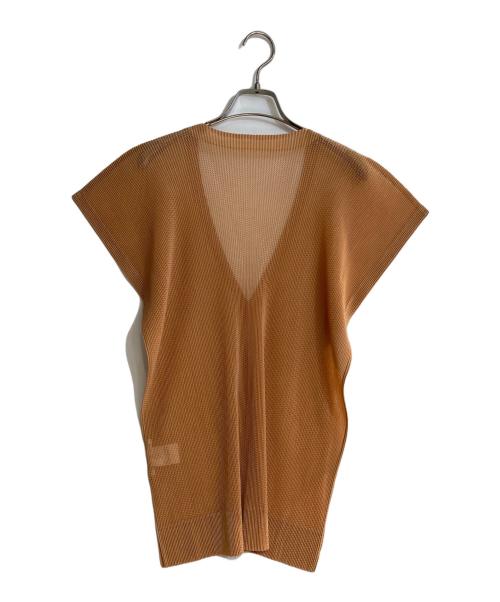 PLEATS PLEASE（プリーツプリーズ）PLEATS PLEASE (プリーツプリーズ) Vネックメッシュトップス Tシャツ ブラウン サイズ:3の古着・服飾アイテム