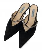 PRADAプラダ）の古着「クリスタル付きヒールスエードミュール」｜ブラック