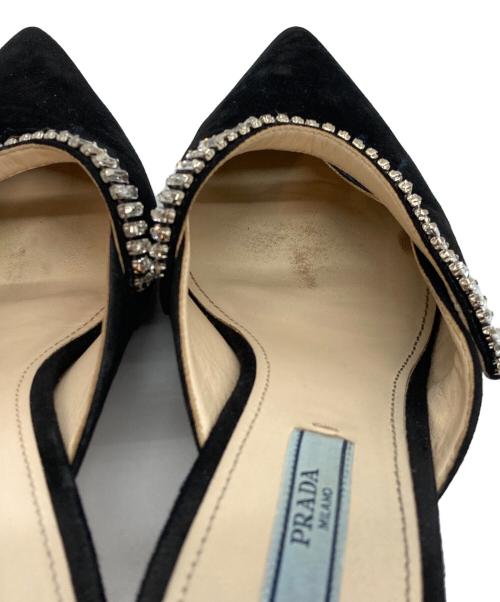 PRADA（プラダ）PRADA (プラダ) クリスタル付きヒールスエードミュール ブラック サイズ:37.5の古着・服飾アイテム