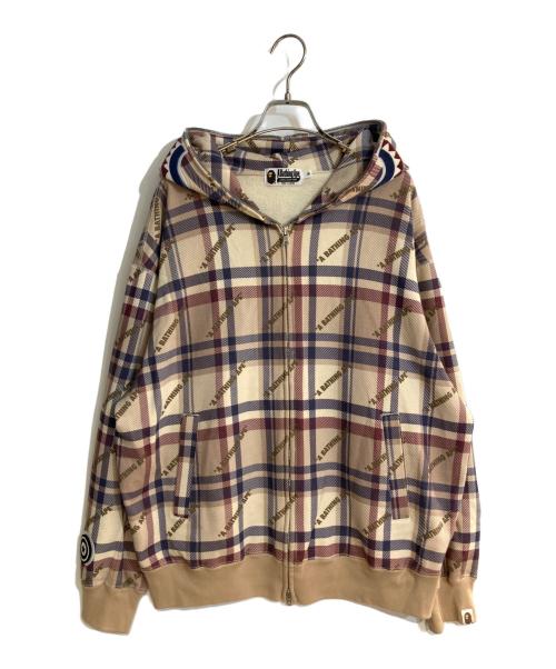 A BATHING APE（アベイシングエイプ）A BATHING APE (アベイシングエイプ) LOGO CHECK PATTERN SHARK FULL ZIP HOODIE ベージュ サイズ:Mの古着・服飾アイテム