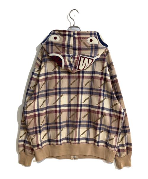 A BATHING APE（アベイシングエイプ）A BATHING APE (アベイシングエイプ) LOGO CHECK PATTERN SHARK FULL ZIP HOODIE ベージュ サイズ:Mの古着・服飾アイテム