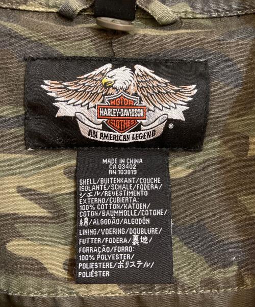 HARLEY-DAVIDSON（ハーレーダビッドソン）HARLEY-DAVIDSON (ハーレーダビッドソン) バックロゴカモ柄コットンシングルライダースジャケット カーキ サイズ:1Wの古着・服飾アイテム