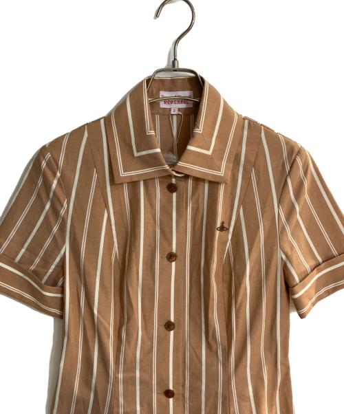 Vivienne Westwood RED LABEL（ヴィヴィアンウエストウッドレッドレーベル）Vivienne Westwood RED LABEL (ヴィヴィアンウエストウッドレッドレーベル) オーブ刺繍ストライプシャツワンピース ブラウン サイズ:2 未使用品の古着・服飾アイテム
