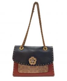 COACH（コーチ）の古着「フラワーモチーフ パーカーウィズボーダー リベットアンドスネークスキン チェーン ショルダーバッグ」｜ブラック×ブラウン