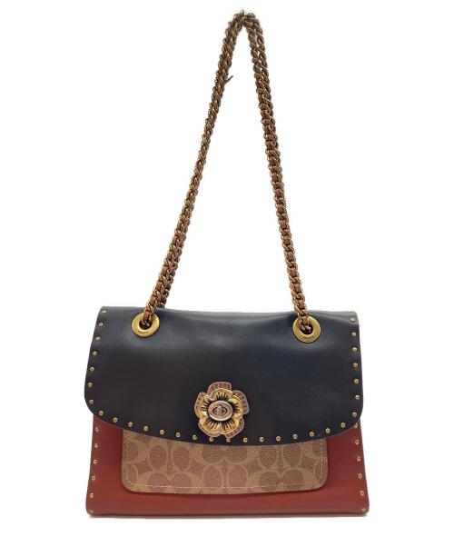 COACH（コーチ）COACH (コーチ) フラワーモチーフ パーカーウィズボーダー リベットアンドスネークスキン チェーン ショルダーバッグ ブラック×ブラウンの古着・服飾アイテム