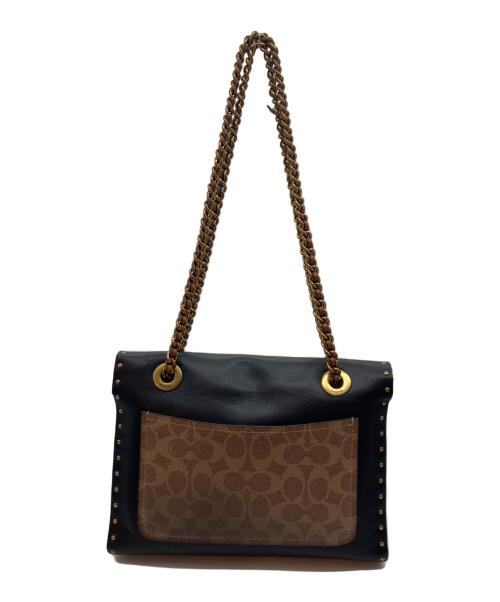 COACH（コーチ）COACH (コーチ) フラワーモチーフ パーカーウィズボーダー リベットアンドスネークスキン チェーン ショルダーバッグ ブラック×ブラウンの古着・服飾アイテム