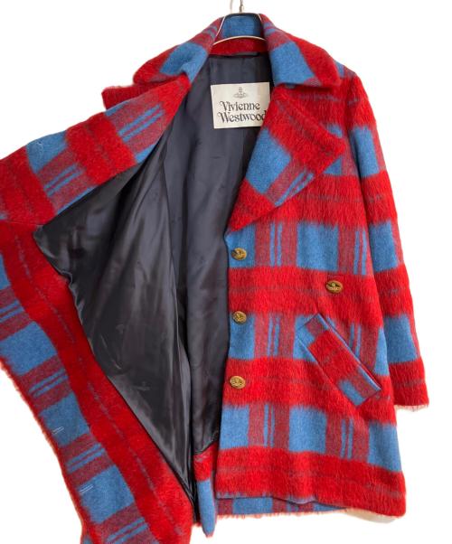 Vivienne Westwood（ヴィヴィアンウエストウッド）Vivienne Westwood (ヴィヴィアンウエストウッド) アシンメトリーシャギーコート レッド×ブルー サイズ:38の古着・服飾アイテム