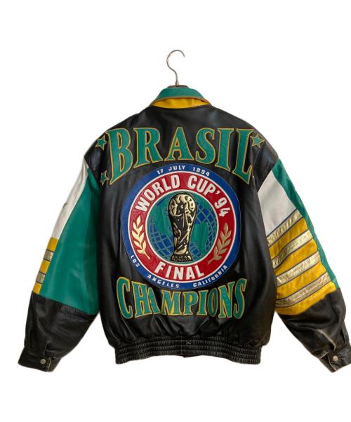 JEFF HAMILTON（ジェフハミルトン）JEFF HAMILTON (ジェフハミルトン) 94年USAワールドカップ ブラジルモデルレザースタジャン ブラック×グリーン サイズ:Ｌの古着・服飾アイテム