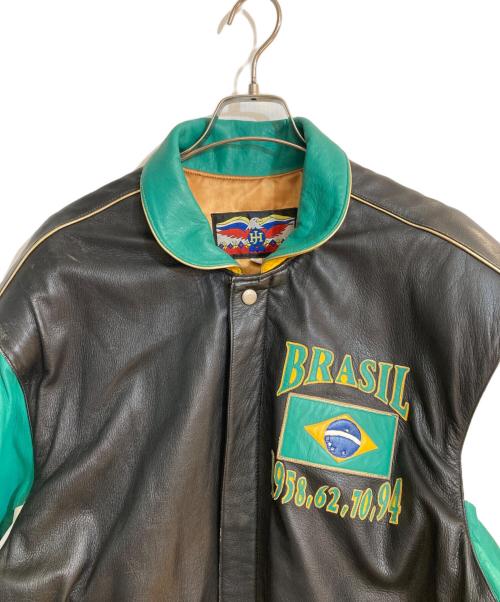 JEFF HAMILTON（ジェフハミルトン）JEFF HAMILTON (ジェフハミルトン) 94年USAワールドカップ ブラジルモデルレザースタジャン ブラック×グリーン サイズ:Ｌの古着・服飾アイテム