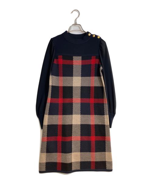 BLUE LABEL CRESTBRIDGE（ブルーレーベルクレストブリッジ）BLUE LABEL CRESTBRIDGE (ブルーレーベルクレストブリッジ) チェックジャガードニットワンピース ネイビー サイズ:36の古着・服飾アイテム