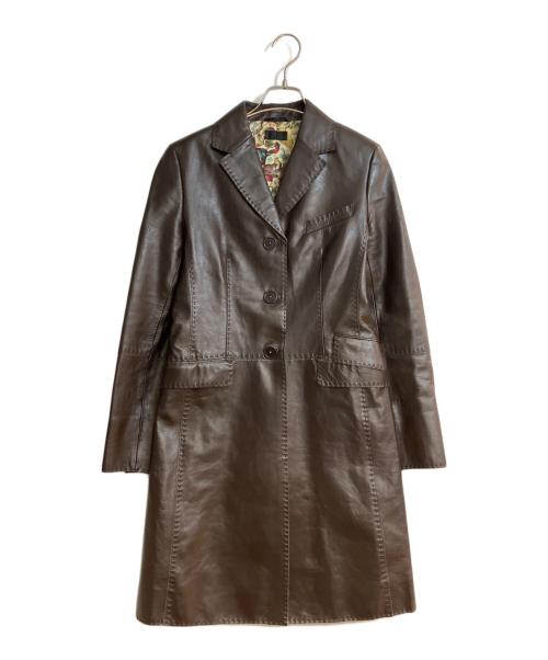 Paul Smith BLACK（ポールスミスブラック）Paul Smith BLACK (ポールスミスブラック) ステッチデザインレザーAラインロングコート ブラウン サイズ:42の古着・服飾アイテム