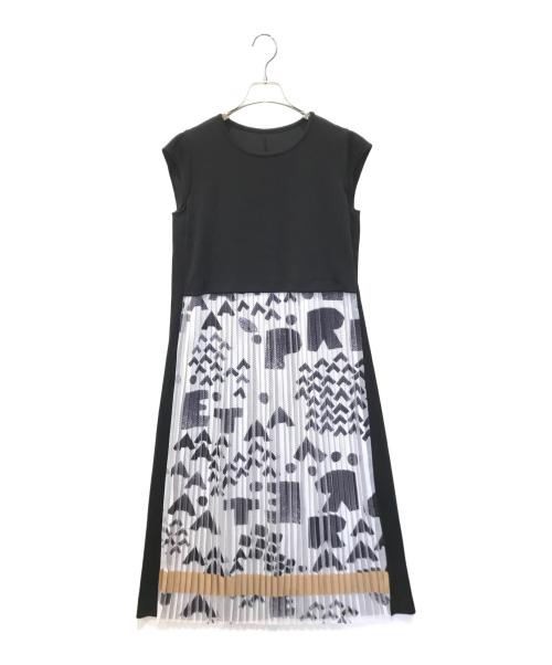 TRUNK HIROKO KOSHINO（トランク ヒロコ コシノ）TRUNK HIROKO KOSHINO (トランク ヒロコ コシノ) メッシュプリントドッキングワンピース／洗える　RSEGW03540 ホワイト×ブラック サイズ:38の古着・服飾アイテム