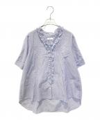 SHIPS anyシップスエニィ）の古着「ストライプ フリル Vネック ハーフスリーブ ブラウス」｜スカイブルー