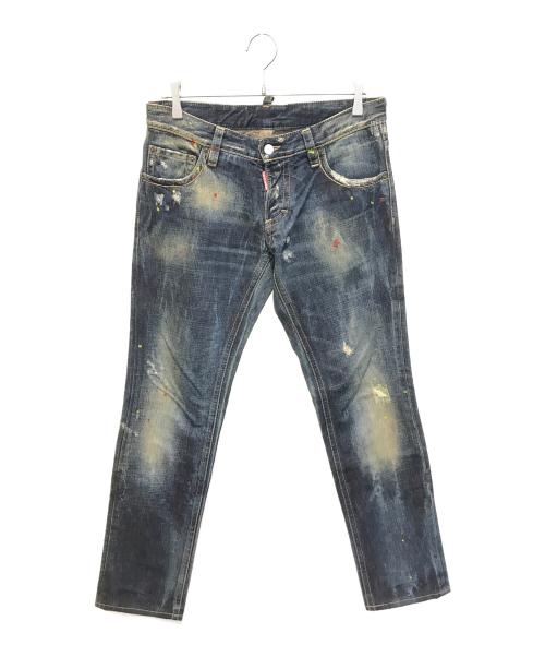 DSQUARED2（ディースクエアード）DSQUARED2 (ディースクエアード) ダメージ加工ペイントデニムパンツ インディゴ サイズ:Mの古着・服飾アイテム
