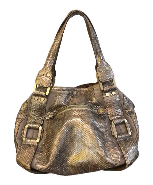 JIMMY CHOO（ジミーチュウ）JIMMY CHOO (ジミーチュウ) パイソン 型押しトートバッグ ベージュの古着・服飾アイテム