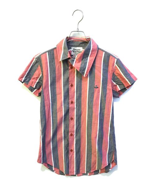 Vivienne Westwood man（ヴィヴィアン ウェストウッド マン）Vivienne Westwood man (ヴィヴィアン ウェストウッド マン) オーブ刺繍アシンメトリーストライプシャツ レッド×ネイビー サイズ:44の古着・服飾アイテム