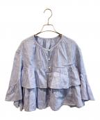 SALON adam et rope'サロンアダムエロペ）の古着「ヨーロピアンフラックスリネンフリルブラウス　SHH-25120-A」｜ブルー