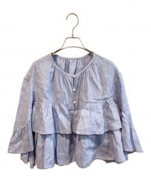SALON adam et rope'（サロンアダムエロペ）の古着「ヨーロピアンフラックスリネンフリルブラウス　SHH-25120-A」｜ブルー