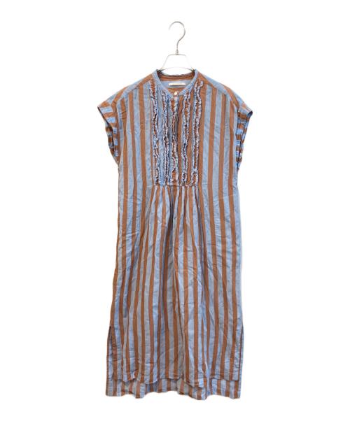 ne quittez pas（ヌキテパ）ne quittez pas (ヌキテパ) Cotton Voile Stripe Frill Sleeveless Shirt Dress　010541GR4 スカイブルー×ブラウン サイズ:Freeの古着・服飾アイテム