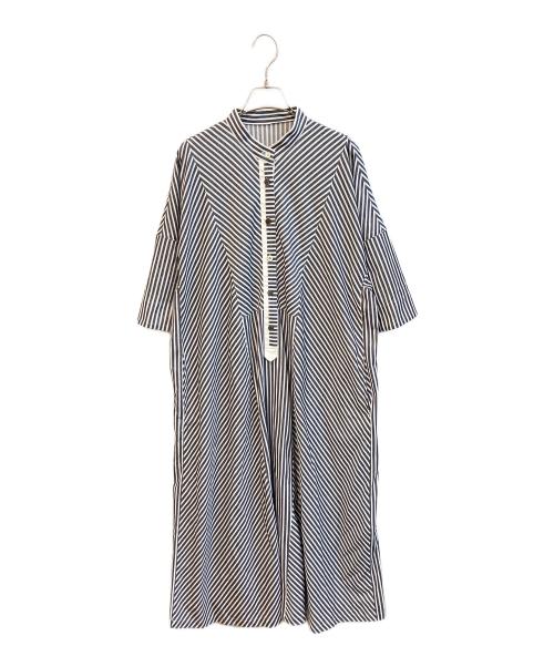 TRUNK HIROKO KOSHINO（トランク ヒロコ コシノ）TRUNK HIROKO KOSHINO (トランク ヒロコ コシノ) トリコットストライプ切り替えデザインワンピース　RSEGD-13630 ネイビー サイズ:38の古着・服飾アイテム