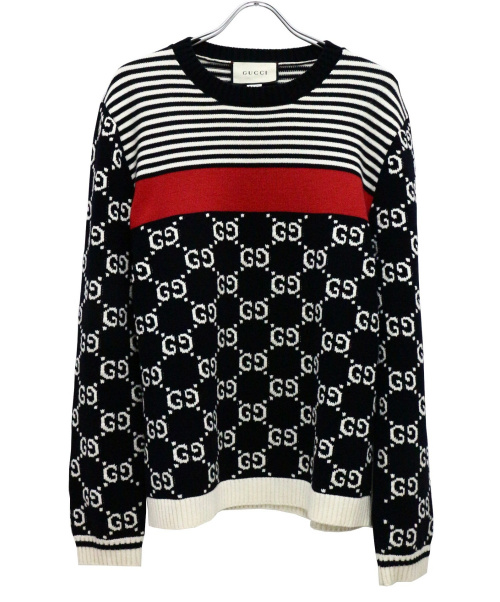 GUCCI（グッチ）GUCCI (グッチ) GG & ストライプニットセーター ブラック サイズ:Lの古着・服飾アイテム