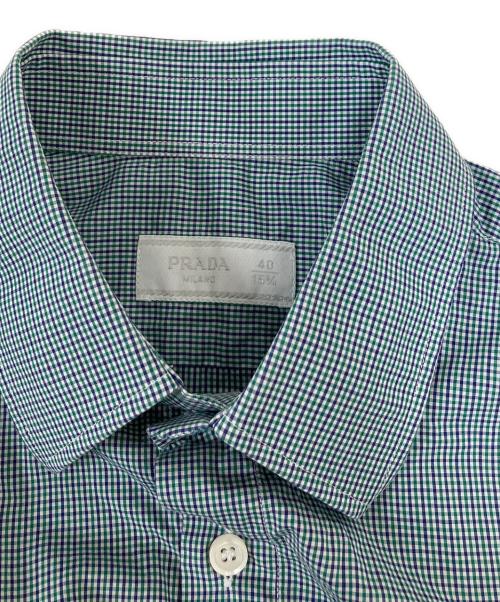 PRADA（プラダ）PRADA (プラダ) ロゴパッチギンガムチェック半袖シャツ ホワイト×ブルー サイズ:40の古着・服飾アイテム