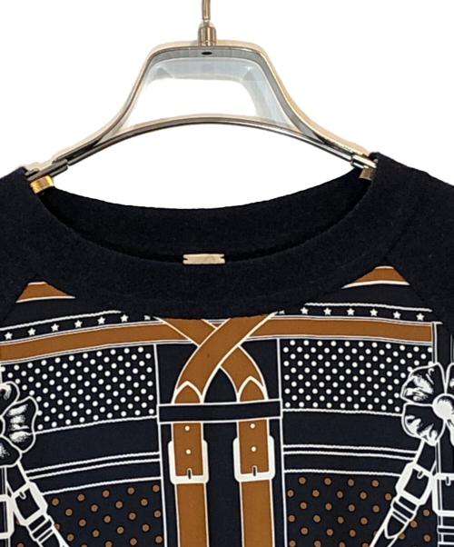 HERMES（エルメス）HERMES (エルメス) シルクスカーフ切替ラグランウールニット ネイビー×ブラウン サイズ:SIZE 34の古着・服飾アイテム