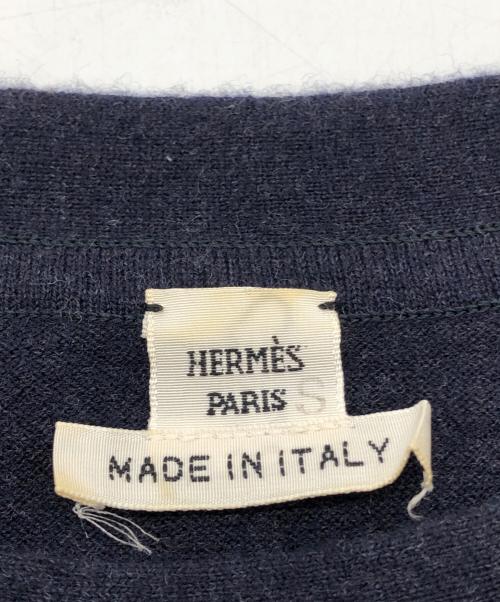 HERMES（エルメス）HERMES (エルメス) シルクスカーフ切替ラグランウールニット ネイビー×ブラウン サイズ:SIZE 34の古着・服飾アイテム