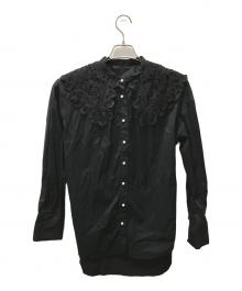 Loulou Willoughby（ルルウィルビー）の古着「レース襟バンドカラー長袖 パールボタンブラウス」｜ブラック