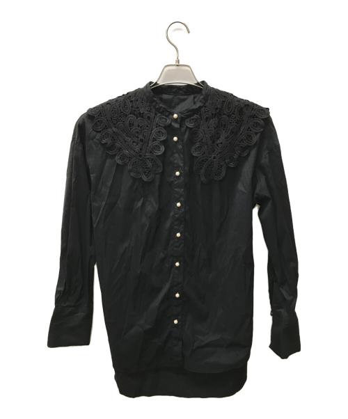 Loulou Willoughby（ルルウィルビー）Loulou Willoughby (ルルウィルビー) レース襟バンドカラー長袖 パールボタンブラウス ブラック サイズ:2の古着・服飾アイテム