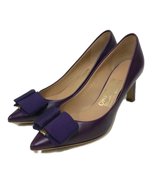 Ferragamo（フェラガモ）Ferragamo (フェラガモ) ビッグリボンレザーヒールパンプス パープル サイズ:SIZE 3 1/2の古着・服飾アイテム
