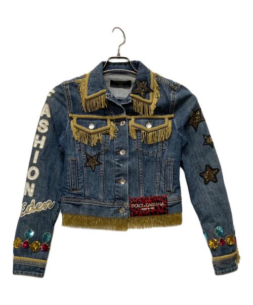 DOLCE & GABBANA（ドルチェ＆ガッバーナ）DOLCE & GABBANA (ドルチェ＆ガッバーナ) フリンジ装飾ワッペンデニムジャケット インディゴ サイズ:SIZE Mの古着・服飾アイテム