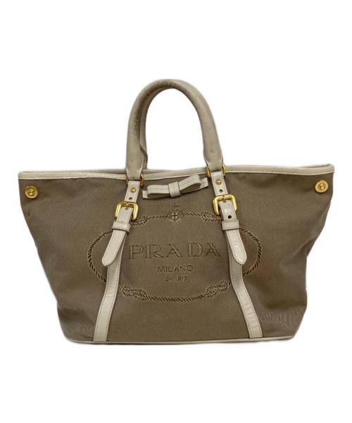 PRADA（プラダ）PRADA (プラダ) ロゴジャガード2WAYハンドバッグ ベージュの古着・服飾アイテム
