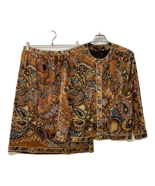 LEONARD FASHION（レオナールファッション）LEONARD FASHION (レオナールファッション) ウールシルク総柄ノーカラージャケットスカートセットアップ ブラウン サイズ:Lの古着・服飾アイテム