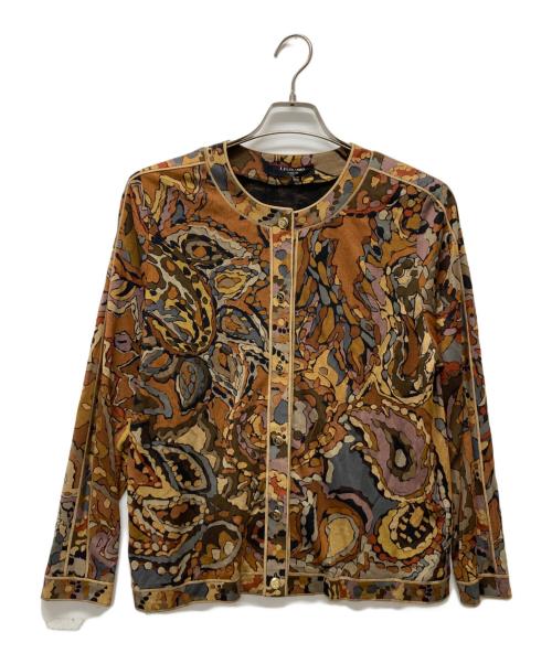 LEONARD FASHION（レオナールファッション）LEONARD FASHION (レオナールファッション) ウールシルク総柄ノーカラージャケットスカートセットアップ ブラウン サイズ:Lの古着・服飾アイテム