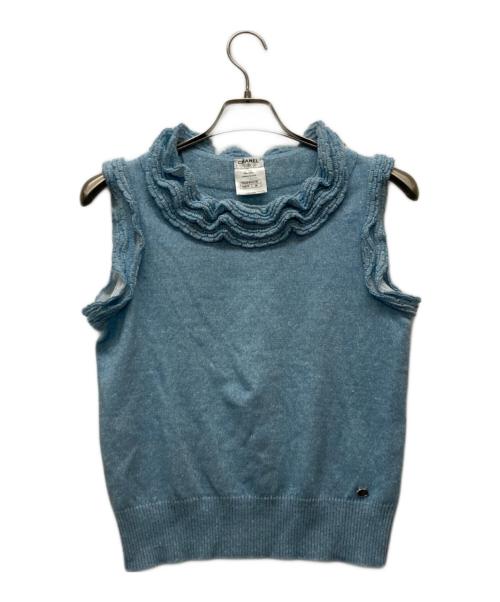 CHANEL（シャネル）CHANEL (シャネル) ココマークボタンカシミヤ混ノースリーブニット スカイブルー サイズ:38の古着・服飾アイテム
