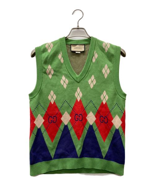 GUCCI（グッチ）GUCCI (グッチ) アーガイルニットベスト グリーン サイズ:Sの古着・服飾アイテム