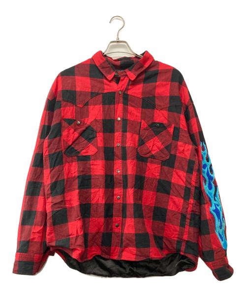 MAPO（MAPO）MAPO (MAPO) マリア刺繍バッファローチェックシャツブルゾン レッド サイズ:XLの古着・服飾アイテム