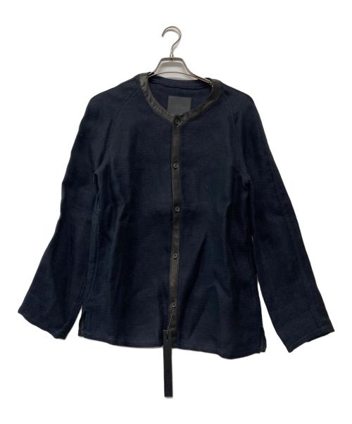 ISAMU KATAYAMA BACKLASH（イサムカタヤマ・バックラッシュ）ISAMU KATAYAMA BACKLASH (イサムカタヤマ・バックラッシュ) カウレザー 切替 リネン ノーカラージャケット ブラック サイズ:Lの古着・服飾アイテム